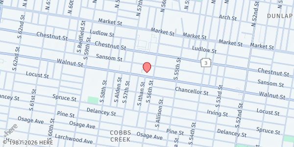 Map showing Redeeming Love Worship Center at 5617 Walnut Street, West Philadelphia, PA