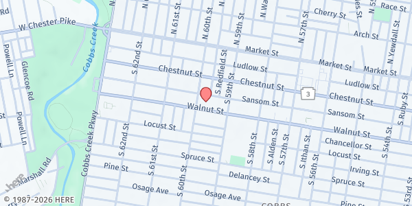 Map showing Sanctuary Church Of The Open Door at 5923 Walnut Street, West Philadelphia, PA