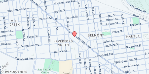 Map showing The LAVA collective at 4134 Lancaster Avenue, West Philadelphia, PA