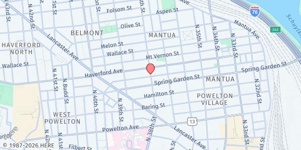 Map showing UC Hospitality Coalition (Philadelphia Episcopal Cathedral) at North 38th Street, West Philadelphia, PA