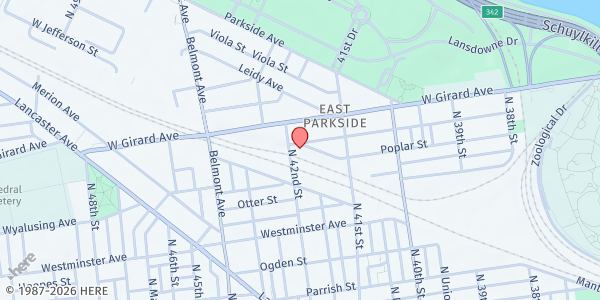 Map showing Universal Kingdom of God Church at 4168 Poplar Street, West Philadelphia, PA