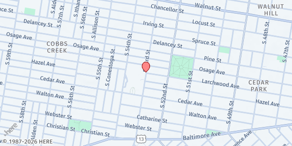 Map showing West Philadelphia Food Not Bombs Distribution Site at Larchwood Avenue, West Philadelphia, PA