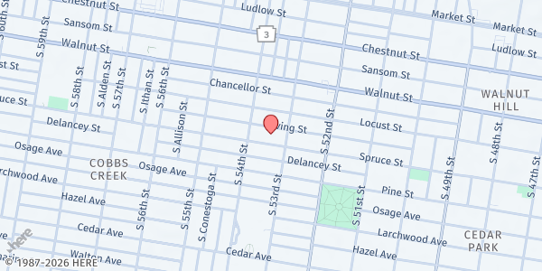 Map showing Zion Hill Baptist Church at 5301 Spruce Street, West Philadelphia, PA