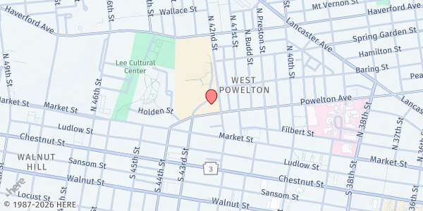 Map showing Lombard Central Presbyterian Church at 4201 Powelton Avenue, West Powelton, PA