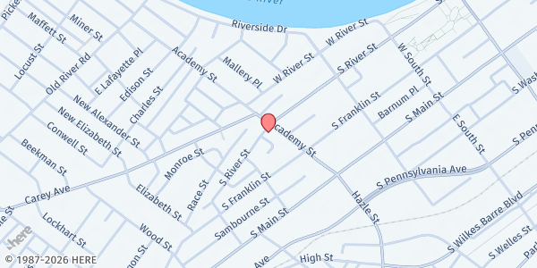 Map showing Calvary Bible Church at 410 S River St, Wilkes-Barre, PA