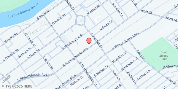 Map showing The Salvation Army Wilkes-Barre at 17 S Pennsylvania Ave, Wilkes-Barre, PA