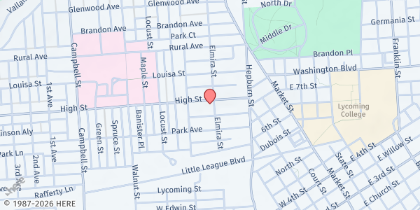 Map showing American Rescue Workers - Social Service Center at 337 Bridge St., Williamsport, PA