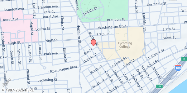 Map showing First Church at 601 Market St, Williamsport, PA