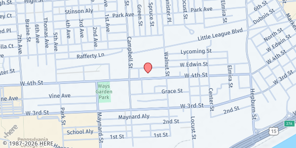 Map showing Love Unlimited Ministries at 734 W. 4th St., Williamsport, PA
