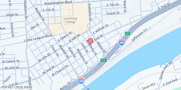 Map showing United Churches Food Pantry at 202 E 3rd St, Williamsport, PA