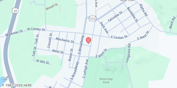 Map showing Faith Alive Community Church at E, Wind Gap, PA