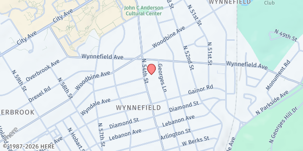 Map showing Pinn Memorial Baptist Church at 2251 North 54th Street, Wynnefield, PA