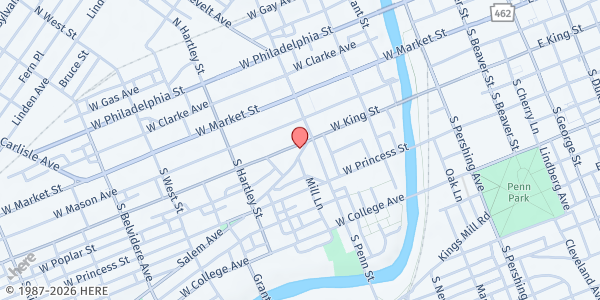 Map showing York Vets Helping Hand at 412 W King St, York, PA