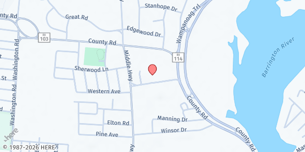 Map showing Barrington Baptist Church at 25 Old County Rd, Barrington, RI