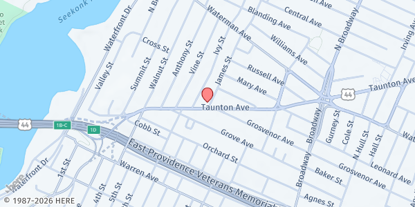 Map showing East Bay Baptist Church at 10 James St, East Providence, RI