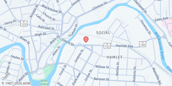 Map showing St James Episcopal Church Prescott Beach Food Bank at 24 Hamlet Ave, Woonsocket, RI