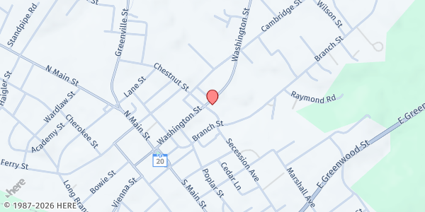 Map showing New Life Worship Center at 104 Chestnut St., Abbeville, SC