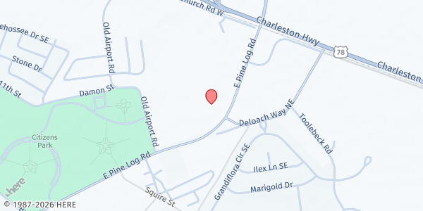 Map showing Southside Free Will Baptist at 1411 E. Pine Log Rd., Aiken, SC