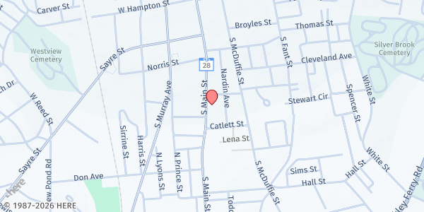 Map showing Tabernacle of Faith at 1613 S Main St, Anderson, SC