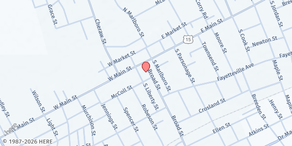 Map showing Bread of Life Food Pantry at 116 Broad St., Bennettsville, SC