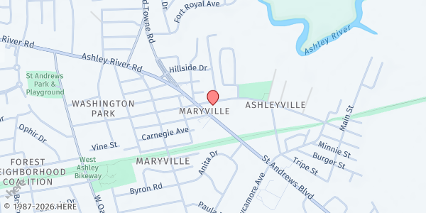 Map showing Ashleyville Maryville Food Ministry at 1057 5th Ave, Charleston, SC