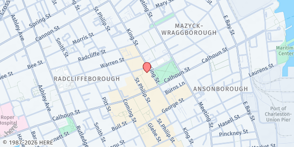 Map showing Community Center of St. Matthews at 405 King St, Charleston, SC