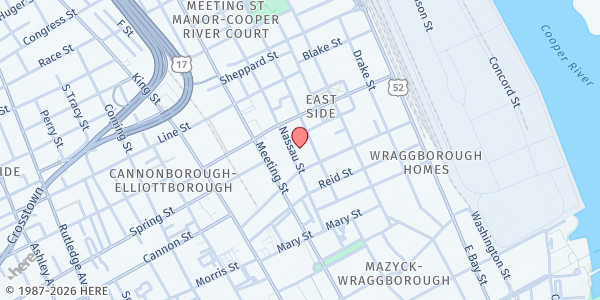 Map showing Ebenezer AME Church at 44 Nassau St, Charleston, SC