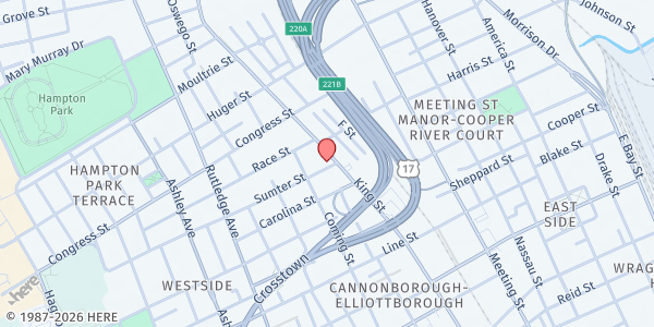 Map showing Wallingford Presbyterian Church at 705 King St, Charleston, SC