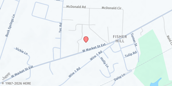 Map showing Fisher Hill Community Baptist Church at 3282 West Market Street, Cheraw, SC