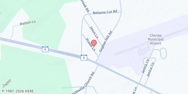 Map showing Maranatha Missions at 66 Praise Lane, Cheraw, SC