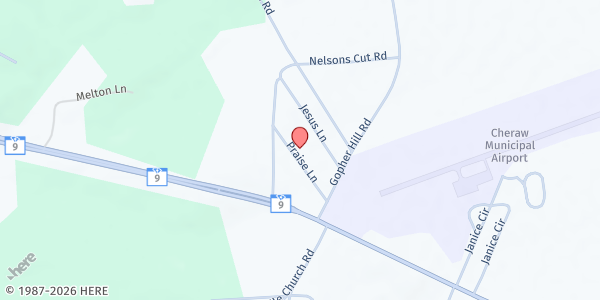 Map showing Maranatha Missions at 66 Praise Ln., Cheraw, SC