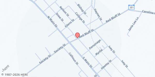 Map showing Greater Rock Outreach at 200 Red Bluff Street, Clio, SC