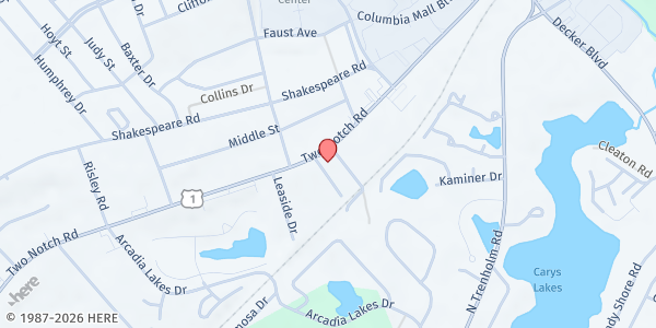 Map showing Life Living Ministries Church at 6708 Two Notch Road, Columbia, SC