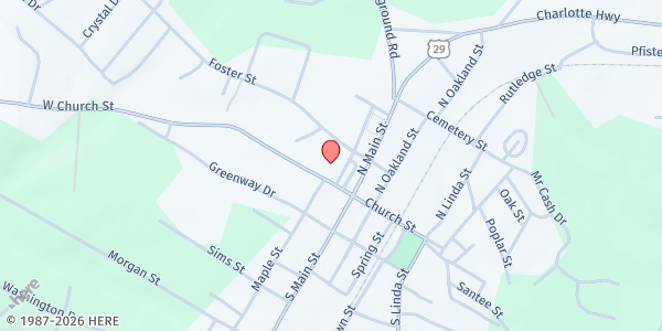 Map showing Cowpens First Baptist at 108 West Church Street, Cowpens, SC