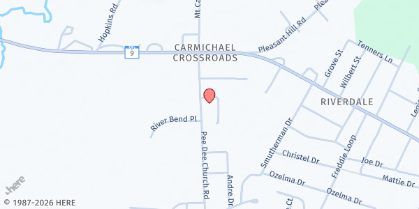 Map showing Outreach Family Fellowship - Dillon at 136 Pee Dee Church Road, Dillon, SC