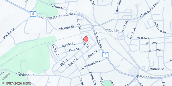 Map showing New Deliverance Baptist at 106 King St., Easley, SC