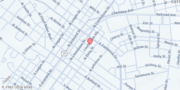 Map showing Salvation Army of Cherokee County Soup Kitchen at 119 E. Birnie St., Gaffney, SC