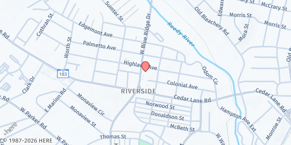 Map showing Crosspoint Assembly at 1601 West Blue Ridge Drive, Greenville, SC