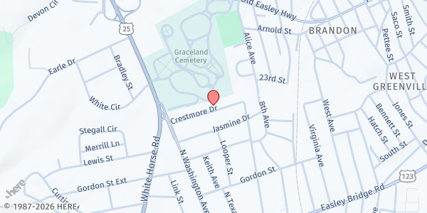 Map showing FCF (MVP) FOOD PANTRY at 23 Crestmore Dr., Greenville, SC