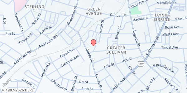 Map showing Long Branch Baptist at 28 Bolt Street, Greenville, SC