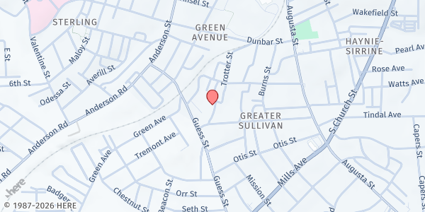 Map showing Long Branch Baptist Church at 28 Bolt St., Greenville, SC