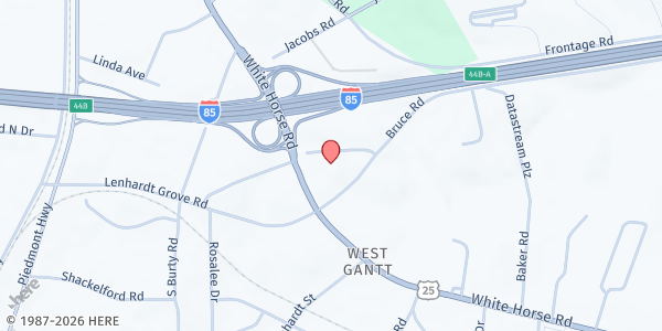 Map showing West Gantt First Baptist at 1452 White Horse Rd., Greenville, SC