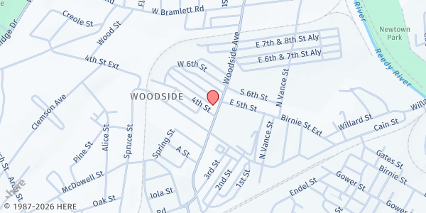 Map showing Woodside Baptist Church - Westside Crisis Center at 301 Woodside Ave., Greenville, SC