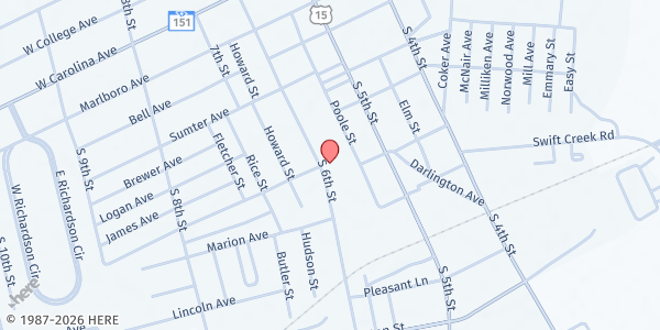 Map showing All For Christ Ministries at 601 S. 6th St., Hartsville, SC