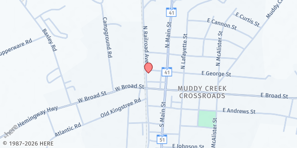 Map showing Caring & Sharing at 128 West George St., Hemingway, SC