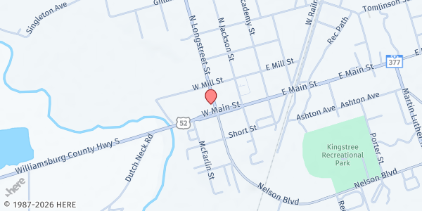 Map showing Greater St. Mark AME Kingstree at 300 W Main St, Kingstree, SC