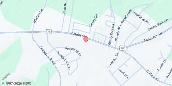 Map showing Wayside Baptist at 1519 W. Main St., Laurens, SC