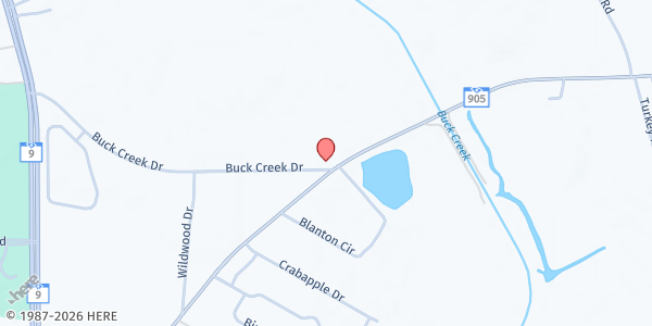 Map showing Buck Creek Baptist Church at 11483 SC-905 N, Longs, SC