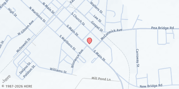 Map showing Greater Rock Outreach Ministries at 507 S. Main St., McColl, SC