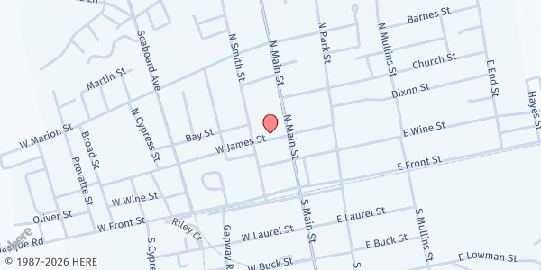 Map showing Mullins First Baptist Church at 303 N. Main St., Mullins, SC